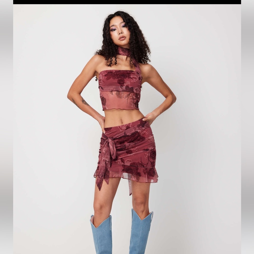 Cider sheer crop tube top and matching high waist mini skirt set in sky blue